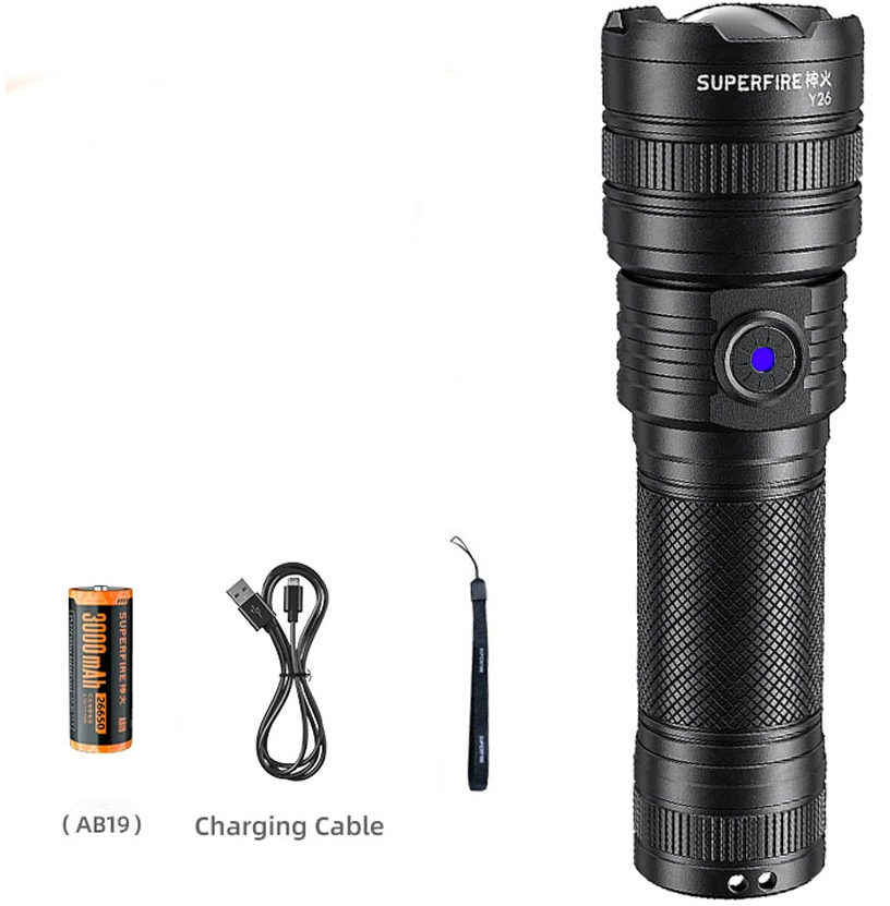 lanterna led superfire y26, 1200lm, 800m, 3700mah, incarcare usb-c, 15w